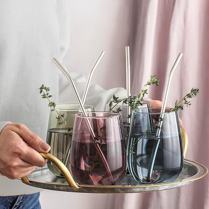 LAV Multicolor Stemless Wine Glasses Set of 6 - Drinking Cups 16 oz - Multicolor Glass Wine Tumblers - Colorful Glass Cups for Families - Drinking Glasses for Water, Juice, Beverages