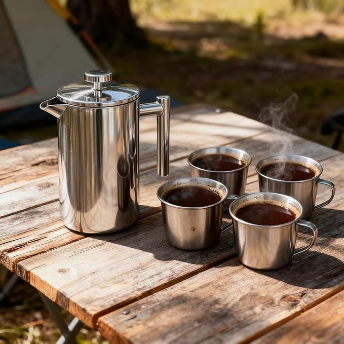 French filter coffee machine 34 ounces, double insulated, easy to clean, durable, Camping coffee makers, Brew Coffee On Stovetop，suitable for home and camping, silver.