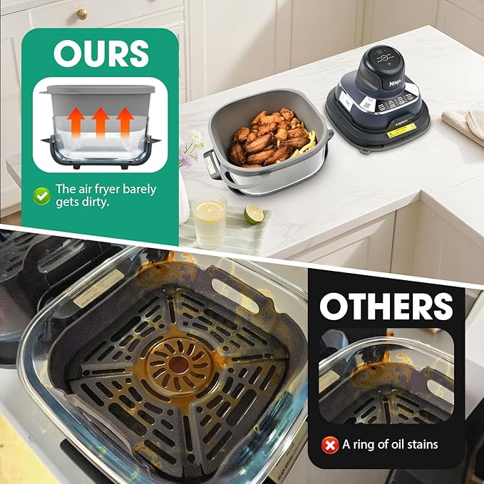 Silicone Air Fryer Liners for Ninja FN101GY Crispi Glass Basket – 4QT 6QT Reusable Nonstick Containers with Heat Mat and Oil Brush
