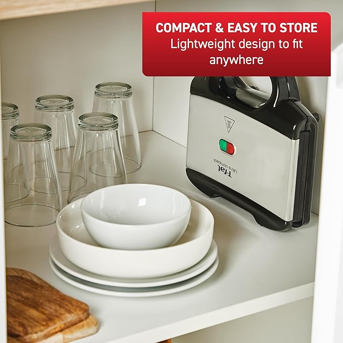 T-fal Compact Sandwich Maker, Stainless Steel, Easy to Clean, Indicator Lights, Cool Touch Handle, Grilled Cheese, Panini, 625 Watts, Black