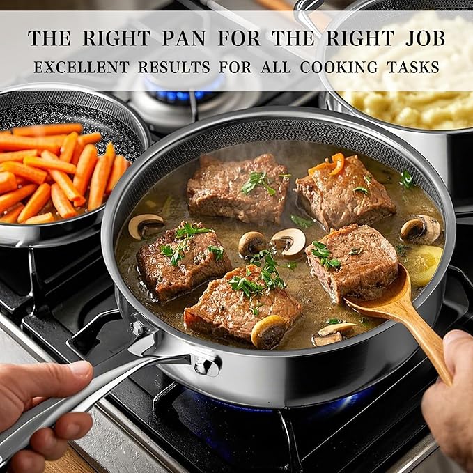 VONIKI Hybrid Tri-ply Stainless Steel Cookware Set, Pots And Pans Set Non Stick with Steamer Basket, Non Toxic Induction Cookware, Kitchen Cookware Sets PFOA & PTFE Free, Dishwasher and Oven Safe