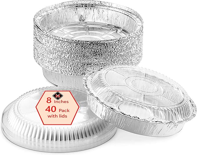 Mr Miracle Pack of 40 Disposable Aluminum Foil Pans with Clear Lids –8 Inch Circular Aluminum Pans, Ideal for Baking, Storing, Heating, Serving - Round Foil Pans with Lids