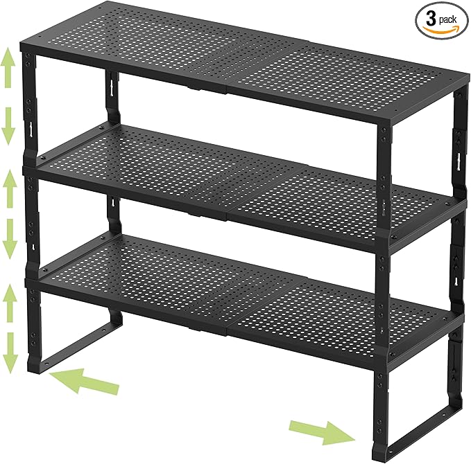 Adjustable Expanable Stackable Spice Rack Shelf Pantry Storage Organizer for Kitchen Cabinet,Countertop,Bathroom and more.Space is no longer limited(3Packs/Black/Large)