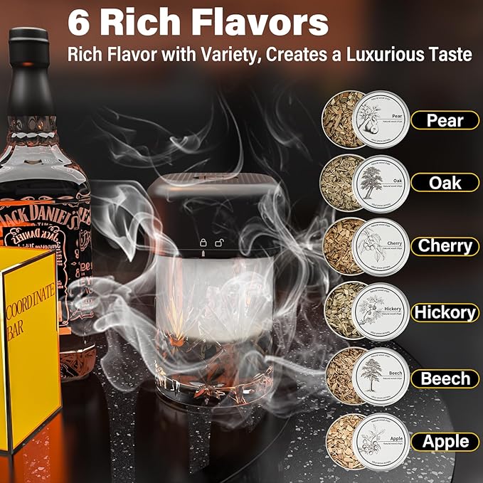 Gezen Electric Whiskey Smoker Kit with 6 Flavors Wood Chips, Rechargeable Cocktail Smoker Kit Built-in Lighter, Instant Smoke for Bourbon, Drinks and Food, Christmas Birthday Gifts for Men Dad Husband