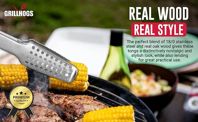 9" Tongs 18/0 Stainless Steel BBQ Grill Tongs with Ergonomic Real Oak Wood Handle for Cooking - Durable Grilling Accessory, Tongs for Cooking & Kitchen, Outdoor Barbecue, Easy to Clean