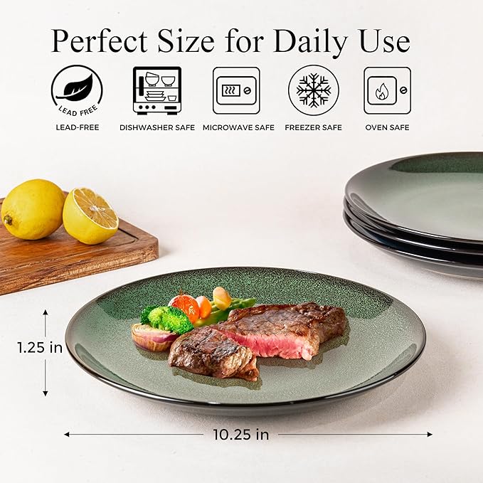 LERATIO Ceramic Dinner Plates Set of 6, 10.5 Inch Handmade Reactive Glaze Porcelain Plates, Coupe Shape Dinnerware Dishes Set for Kitchen,Oven& Microwave & Dishwasher Safe, Scratch Resistant-Green
