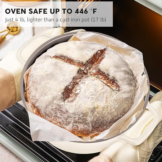 Large Dutch Oven Pot with Lid-7.5QT Cast Aluminum Oven Pot with Two Handles Lightweight for Bread Baking Braising and Roasting(Beige)