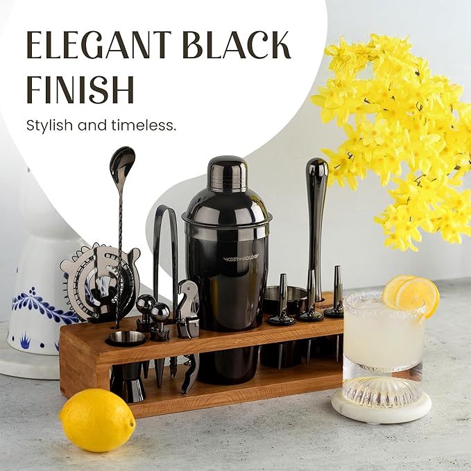 Modern Mixology 21-Piece Cocktail Shaker Set with Stand, Bartender Kit for Home Bar Accessories: 24oz Martini Shaker, Jigger, Strainer, Bar Spoon, Tongs, Opener, Muddler (Black, Brown Stand)