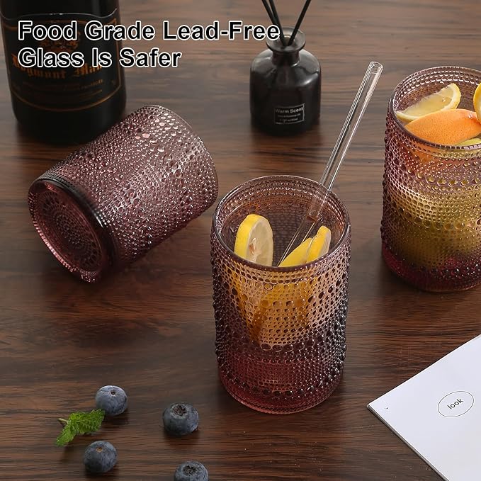 Vintage Glassware Drinking Glasses Set of 12,Purple 12oz & 15oz Hobnail Glass Cups,Embossed Water Tumbler,for Beer,Cocktail,Whiskey,Juice and Various Mixed Drinks- 1 Cleaning Brush