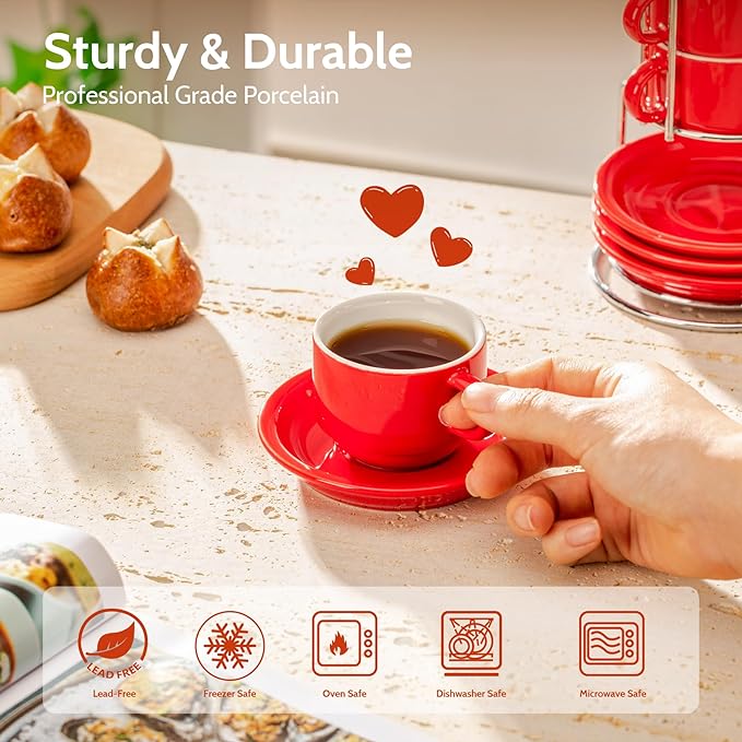 Sweese 2.5 Ounce Porcelain Stackable Espresso Cups with Saucers and Metal Stand Set of 4, Red