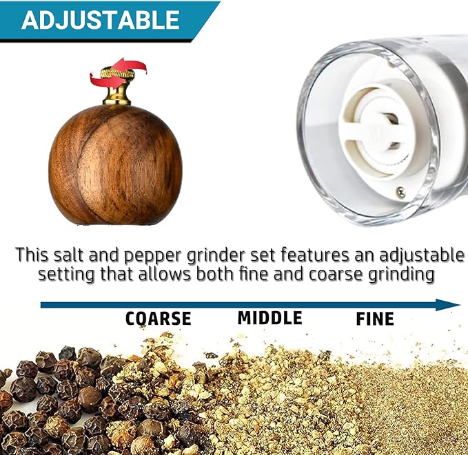 Pepper Mills, Classic Manual Transparent Pepper Grinder & Salt Mills 2Pcs 8in，Solid Wood Hand Shaker Rotor Pepper Salt Grinder ，Ceramic Core With Adjustable Coarse Mill for Various Spices