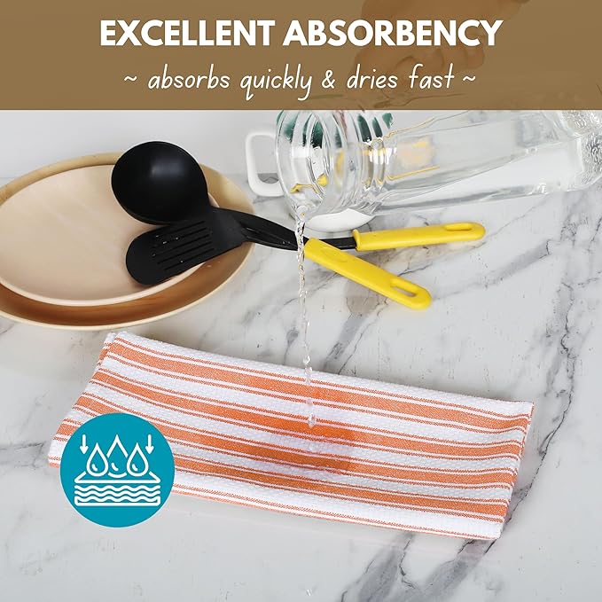 Native Fab Stripe Kitchen Towels - 4 Pack - Basket Weave 100% Cotton Dish Towel - 16x26 inches - Absorbent Towels for Cleaning, Quick Drying, Washable Dish Cloths with Hanging Loop - Orange White