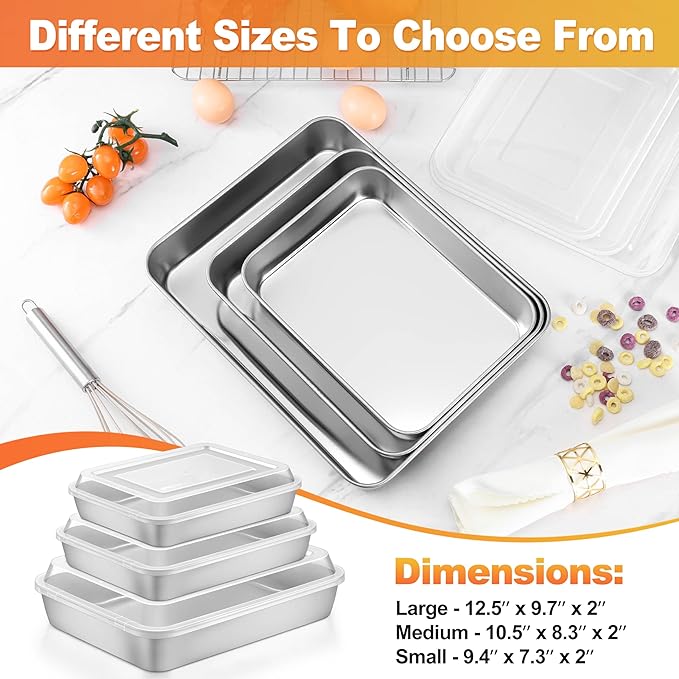 Herogo Baking Pan with Lid, 8 x 10 Inch Nonstick Rectangle Stainless Steel Cake Pan Sheet, Deep Cakes Bakeware with Lid for Brownies Casseroles, Non Toxic & Dishwasher Safe, Set of 2
