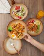 Ceramic 32 Oz Pasta Bowls, 8.75 Inch Reactive Glaze Pasta Bowl Set of 4, Microwave & Dishwasher Safe, Large Wide Serving Bowls for Salad, Dessert, Soup, Fruit, Brown and Yellow