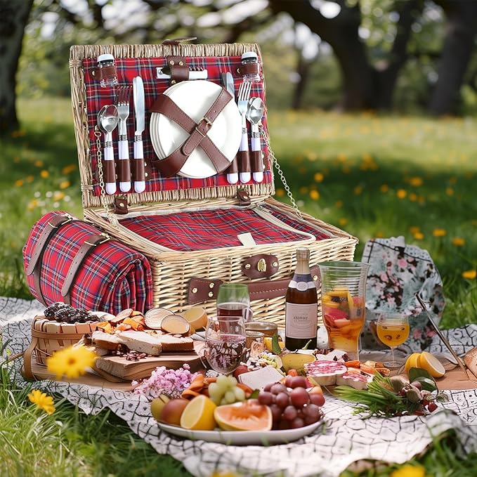 Picnic Basket Set for 4 with Waterproof Blanket Mat Insulation Bag Wicker Classic Vintage Retro Red Plaid Gift for Wedding Birthday Summer Camp Outdoor Camping Beach Travel Christmas