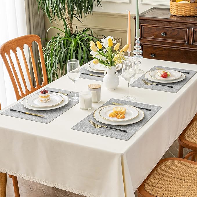 Romanstile Vinyl Placemats Set of 4-12 X 18 Inch - Heat Resistant Place Mats 100% Waterproof Oilproof Wipeable Reversible Faux Leather Table Mats for Kitchen/Dining/Decor/Party/Outdoor, Light Grey