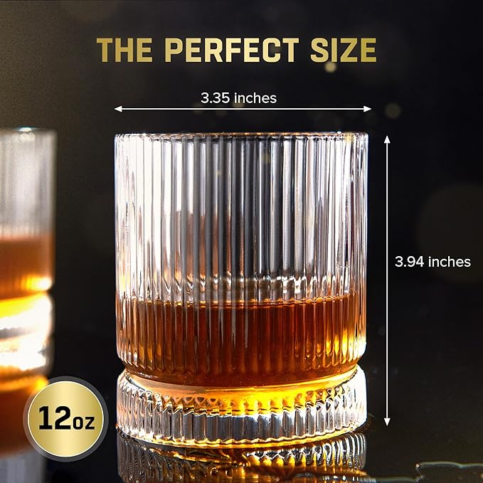 Ribbed Whiskey Glasses Set of 2, 12 Oz Lead-Free Crystal Heavy Base Barware Glass, Perfect for Bourbon Rocks Cocktail Scotch Drinking