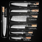 SENKEN 7-Piece Damascus Kitchen Knife Set - Tsunami Collection - 67-Layer Japanese VG10 Steel - Chef's Knife, Cleaver, Santoku, Bread, Boning, & More (Black Resin Blend)
