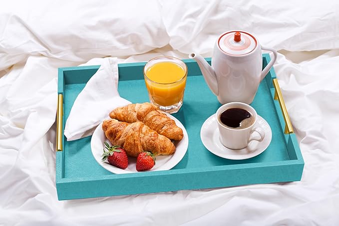 17" x 12" Wood Serving Tray with Gold Polished Metal Handles, Home Decorative Wooden Rectangle Ottoman Leather Decor Platter Bathroom Vanity Tray for All Occasions Blue