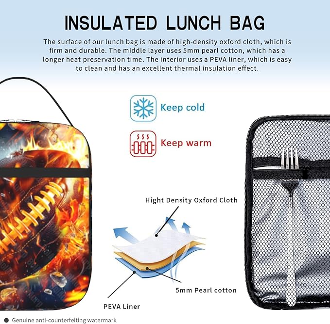 American Football Lunch Bag Kids Insulated Football Lunch Box for Boys Girls Kids Teens School Work Office Travel Picnic Hiking Beach Reusable Waterproof Leakproof Portable Fits Most Bento Boxes
