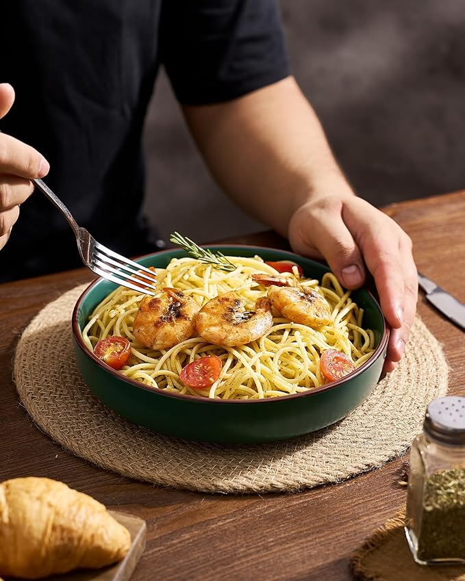 famiware Mercury Pasta Bowls Set of 4, 33 oz Large Salad Bowls, Stoneware Pasta Plates Bowls, Serving Bowls for Kitchen, Microwave & Dishwasher Safe, Dark Green