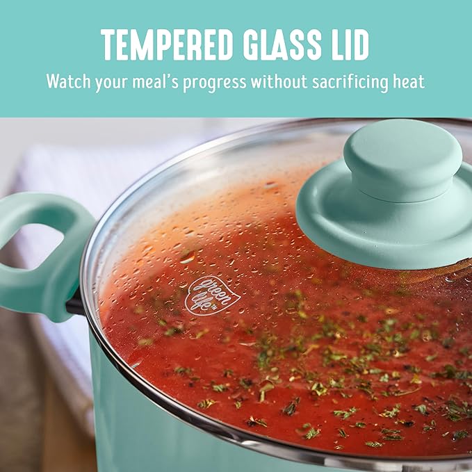 GreenLife Soft Grip 16 Piece Cookware Set, Non-Toxic PFAS-Free Ceramic Nonstick, Pots, Frying, Sauce, Saute, Glass Lids, Stay-Cool Handles, Wobble Free Bases, Dishwasher & Oven Safe, Turquoise