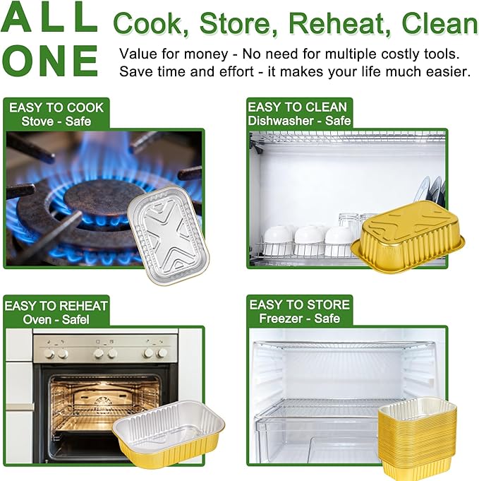 7.2"×5"×2.2" - 40 Pack 2 LB/32oz Gold Aluminum Foil Pans with Lids Heavy Duty, Foil Food Containers with Lids, Tin Foil Pans for Baking, Meal Prep, Freezer, Heating and Takeout