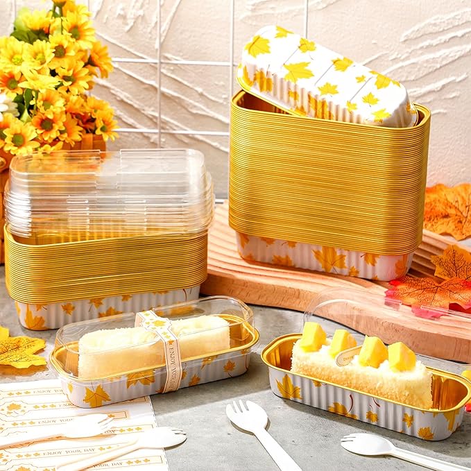 Tioncy 50 Pcs Autumn Themed Mini Pink Loaf Pans with Lids Spoons Sticker Maple Leaf 6.8oz Disposable Rectangle Aluminum Foil Baking Pans Muffin Cupcake Cups for Picnics Fall Birthday Party Supply
