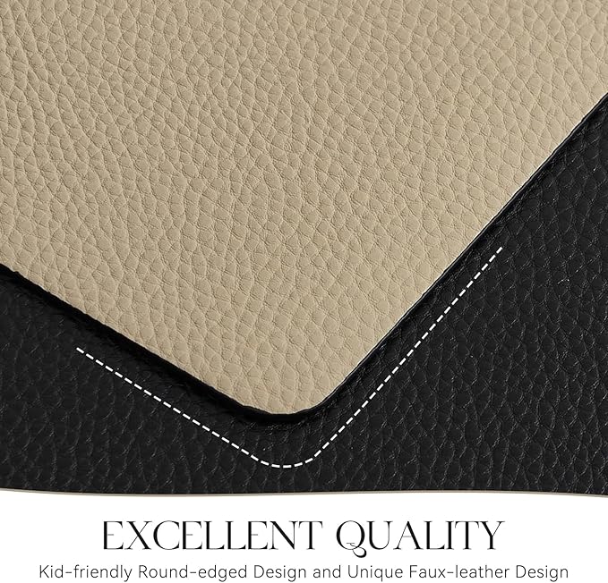 MOSAYT Vinyl Placemats Set of 4, Heat Resistant Place Mats 100% Waterproof Washable & Wipeable Faux Leather Reversible Table Mats for Kitchen Dining Party Indoor Outdoor, 12" x 17", Black/Khaki