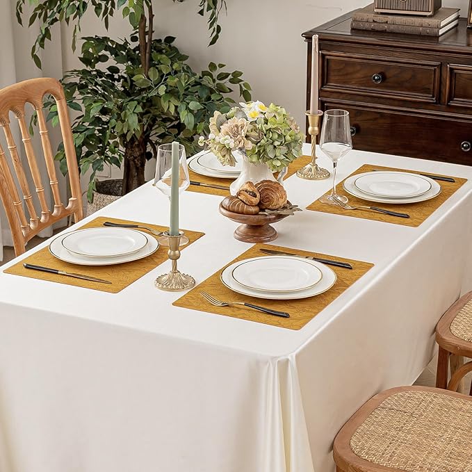 Romanstile Vinyl Placemats Set of 6-12 X 18 Inch - Heat Resistant Non-Slip Embossed Floral Place Mats 100% Waterproof Oilproof Wipeable Faux Leather Table Mats for Kitchen/Dining/Party, Gold