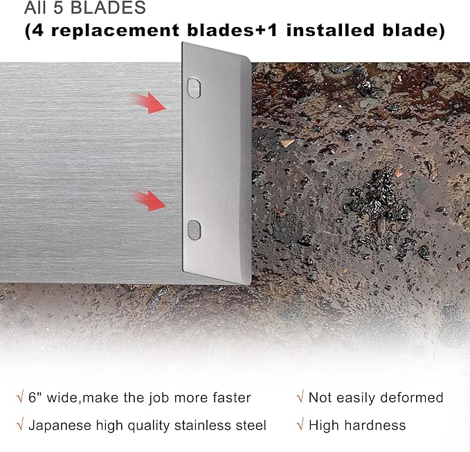 DELFINA Grill Scraper W/ 5 Blades, Heavy Duty Rust Flat Top Grill Accessories with Blade Replacements, Commercial Griddle Scraper Barbecue Grill Cleaning Tool for Restaurants, Bars, Diners