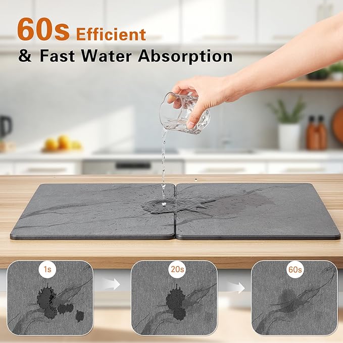 Stone Drying Mat for Kitchen Counter-Diatomaceous Earth Dish Drying Mat Foldable,Non Slip Kitchen Mat Quick Dry for Dishes Bottles Cups (24"L X 16"W)