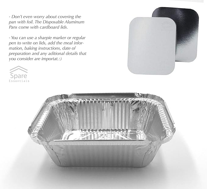 Spare Essentials 55 Pack - Small Foil Pans with Lids - To Go Food Containers with Lids 1lb Mini Aluminum Pans Freezer Safe Foil Take out Trays Heat proof Aluminum Meal Prep Containers 5.5x4.5x1.9 in
