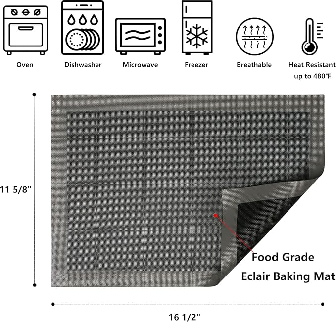 AMYONE Perforated Silicone Baking Mats, 2 PCS Gray Mesh Baking Mats for Half Sheet, Non-Stick Reusable Eclair Oven Liners for Homemade Bread/Pizza/Sugar Cookie 11 5/8" x 16 1/2", Deep Space Grey