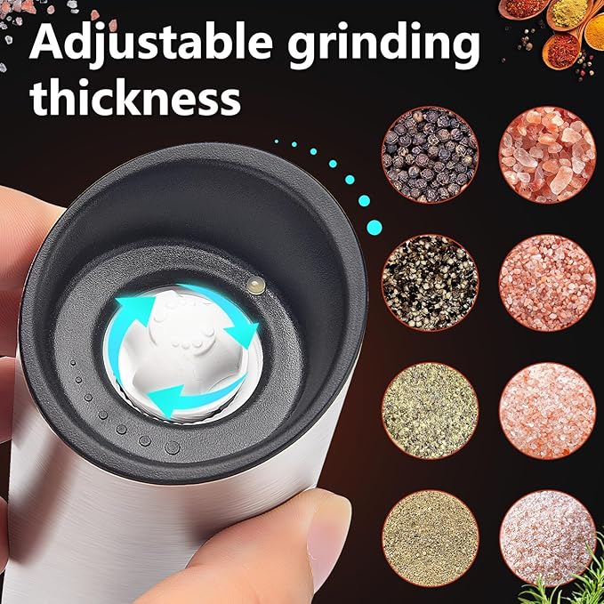 Gravity Electric Salt and Pepper Grinder Set of 2,USB Rechargeable Kitchen Electric Pepper Mill with Adjustable Grinder and LED Light,Tall Glass Salt and Pepper Grinders Refillable