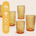 12pcs Vintage Drinking Glasses Set, 12 oz Highball Glasses & 9 oz Embossed Ribbed Glassware Cups for Thanksgiving Cocktail, Juice, Coffee, Whiskey (Amber)