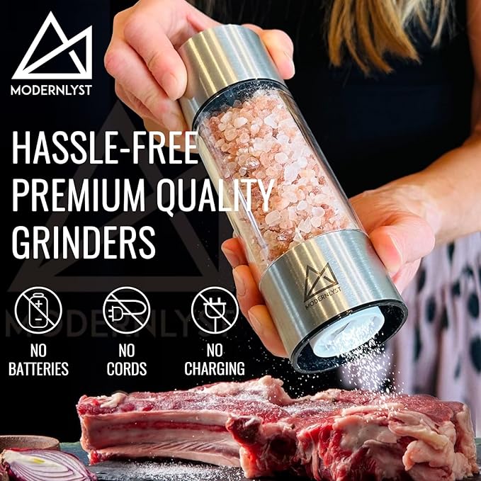 Salt and Pepper Grinder Set Manual 2 Pack | Large Round Salt and Pepper Shakers Set | 7.5 inch Stainless Steel Salt Grinder Refillable | Manual Pepper Grinder (Stainless Steel)