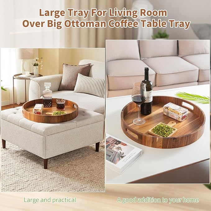 Large Ottoman Tray, 22" Big Ottoman Tray for Living Room, Large Serving Tray with Handles for Coffee Table Kitchen Counter,Great Round Wooden Trays with 4 Round Coasters for Appetizers, Dinner