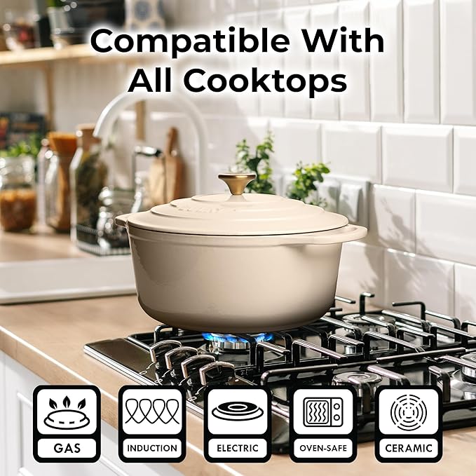 Zulay Kitchen 7.7 Quart Enameled Cast Iron Dutch Oven with Lid, Silicone Trivet & Heat Pad – Premium Durability & Oven Safe up to 500°F – Heavy Duty Cookware Perfect for Bread Baking, Stews, Braising & Roasting – Ivory