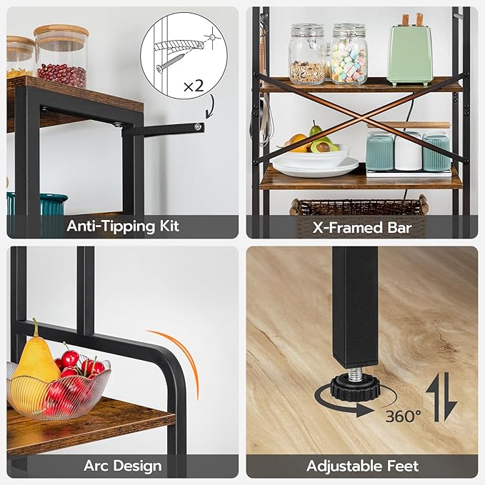 HOOBRO Bakers Rack with Power Outlet, 68.1inch Height Microwave Stand with 4 S-Shaped Hooks, 7-Tier Kitchen Storage Shelf Rack, Coffee Bar, for Kitchen, Living Room, Rustic Brown BF06HB01