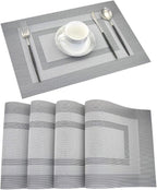PIGCHCY Placemats - Heat Resistant, Washable Woven Table Mats - Durable Vinyl - Set of 4 (Silver Black)