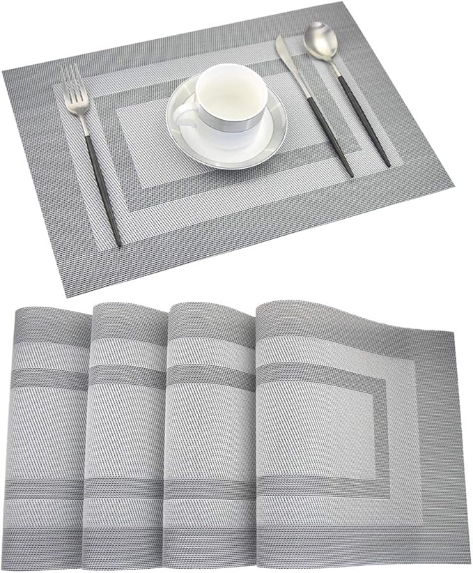 PIGCHCY Placemats - Heat Resistant, Washable Woven Table Mats - Durable Vinyl - Set of 4 (Silver Black)
