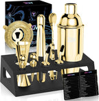 IOV Mixology Bartender Kit With Stand | 12-Piece Cocktail Shaker Set | 24oz Martini Shaker Set For Drink Mixing | Bar Set Includes All Bar Tools And Recipe Booklet | Fun Housewarming Gift (Gold)