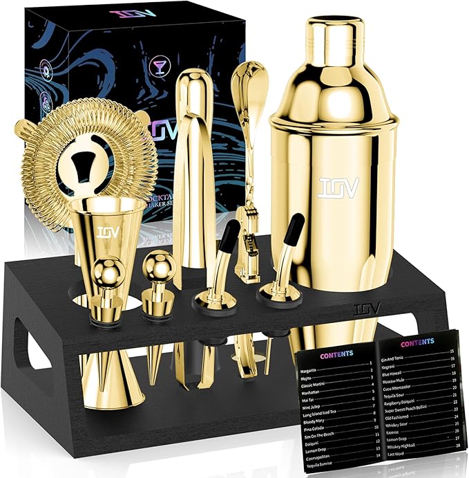 IOV Mixology Bartender Kit With Stand | 12-Piece Cocktail Shaker Set | 24oz Martini Shaker Set For Drink Mixing | Bar Set Includes All Bar Tools And Recipe Booklet | Fun Housewarming Gift (Gold)