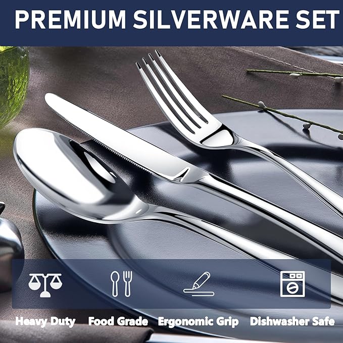 Heavy Duty Silverware Set for 8, 40 Piece Premium Stainless Steel Flatware Utensils Cutlery Set Including Steak Knife Fork and Spoon, Dishwasher Safe, Gift Package for Wedding Housewarming