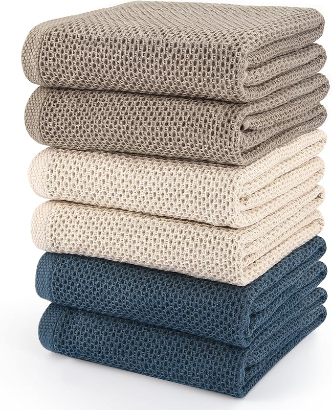 Large Kitchen Hand Towels,6 Pack Cotton Waffle Weave Dish Towel for Drying, Cleaning Cloth for Kitchen Dishes - Extra Absorbent and Soft - 16 x 28 inch (Cream+Bluegray+Brown-6 Pack)