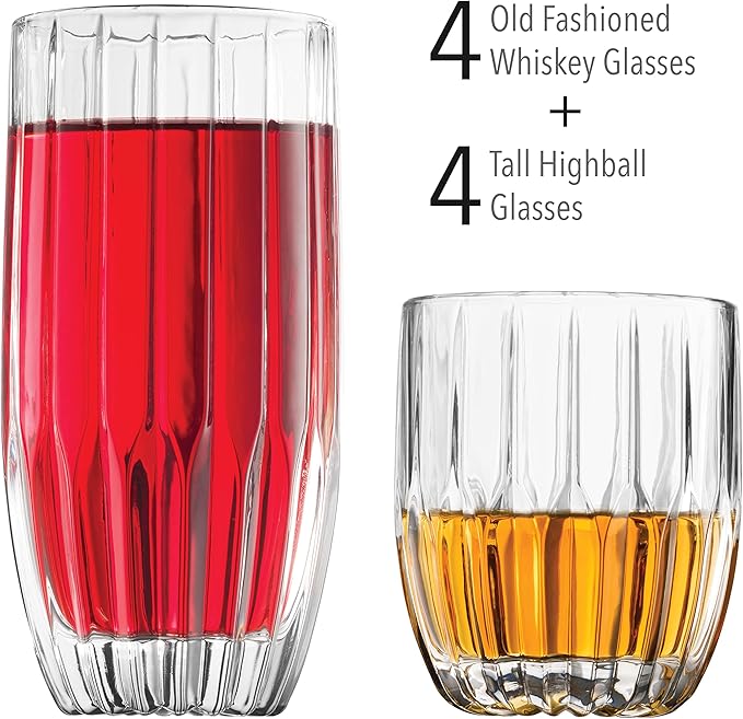 Godinger Drinking Glasses Set - 8pc Barware Set, Highball & Whiskey Glasses - 4 Highballs (12oz) and 4 Whiskey Glasses (10oz)