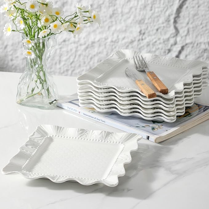 Neaylfe 8-Piece Ceramic Salad Plates, 8 inch White Square Dinner Plates for Snack & Restaurant, Embossed Modern Dinnerware Dishes Set for Kitchen, Microwave, Dishwasher Safe