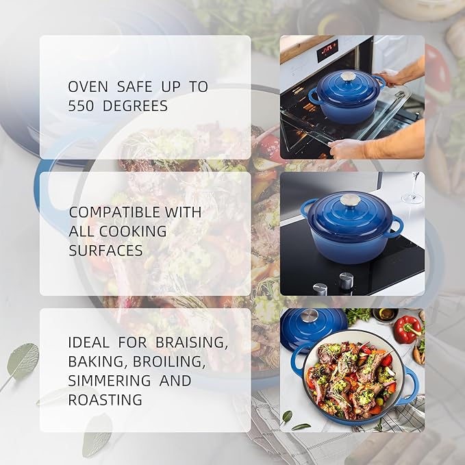 3 Quart Dutch Oven Enameled Cast Iron with Lid - Big Dual Handles - Oven Safe up to 500°F - Classic Round Pot for Versatile Cooking Blue