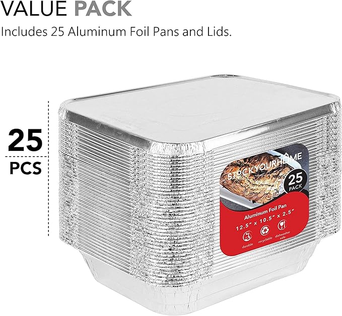 Stock Your Home Foil Pans with Lids - 9x13 Aluminum Pans with Covers - 25 Foil Pans and 25 Foil Lids - Disposable Food Containers Great for Baking, Cooking, Heating, Storing, Prepping Food Silver